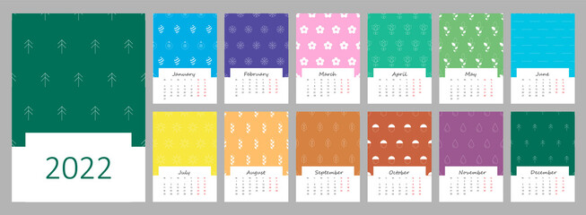 Calendar template for 2022. Vertical design with ornamental background in pastel colors. Editable illustration page template A4, A3, set of 12 months with cover. Vector mesh. Week starts on Monday.