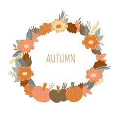 Autumnal wreath round frame with colorful leaves, pumpkins, flowers and herbs. Autumn laurel fall design. Limited palette. Hand drawn vector illustration in simple style isolated on white background