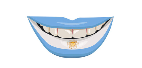 The flag of Argentina on the lips. A woman's smile with white teeth. Vector illustration.