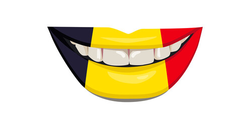 The flag of Belgium on the lips. A woman's smile with white teeth. Vector illustration.