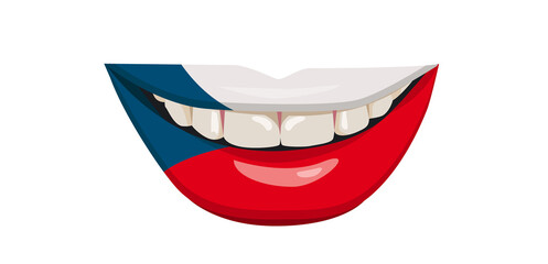 The flag of Czech Republic on the lips. A woman's smile with white teeth. Vector illustration.