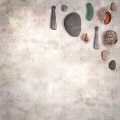 stylish textured old paper background with various objects found on beaches 