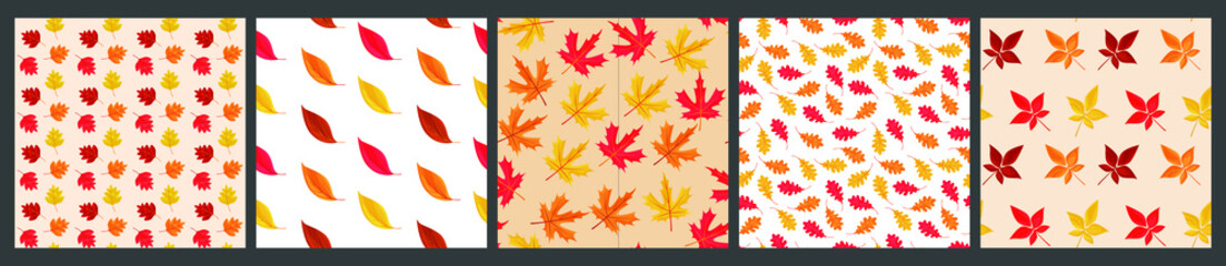 Vector set of 4 seamless patterns of falling leaves. Background for textile or book covers, wallpapers, design, graphic art, printing, hobby, invitation.