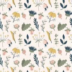 Cute, beautiful seamless pattern with medicinal plants in pastel colors. Can be used for packaging design of herbal tea. Hand-drawn. Vector illustration