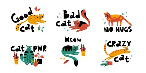 Cartoon cat set. Hand drawn funny pet and lettering, yellow playful good kitten, domestic animals, sticker collection. Card, t-shirt or poster design, vector isolated illustration