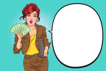 woman showing money with copy space