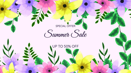 Fototapeta na wymiar Great discount sale banner design. Abstract Natural Summer Sale Background in floral tropical theme with colorful flowers. Vector illustration for flyer, poster, web, social media, apps, promotion.