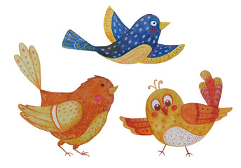 Set of cute decorative birds. Watercolor. Hand drawing isolated on white background. Illustration for gift cards, post cards, greeting cards, t-shirts and Baby cards and designs.