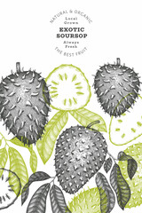 Hand drawn sketch style soursop fruit banner. Organic fresh fruit vector illustration. Retro guanabana design template