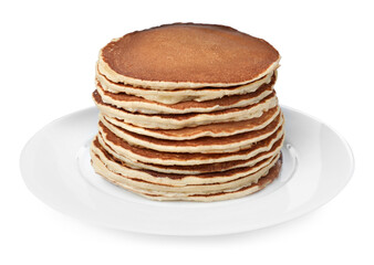 Stack of hot tasty pancakes on white background