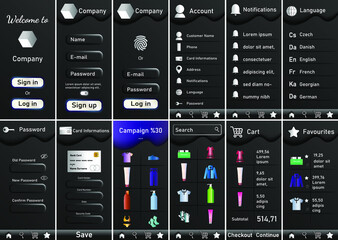 Set of  black UI, UX, screens Shopping app flat design template for IOS UI kit. Shopping Dashboard. Shopping app mobile UI design in black.