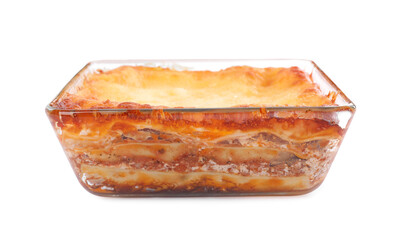 Tasty cooked lasagna in baking dish isolated on white