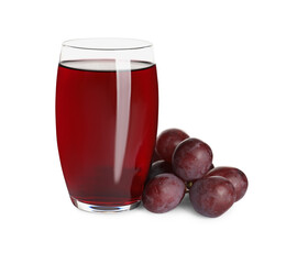 Glass of freshly made grape juice on white background
