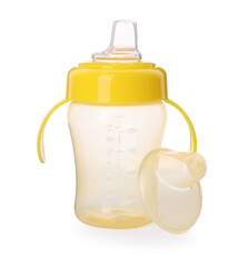 Empty plastic baby bottle isolated on white