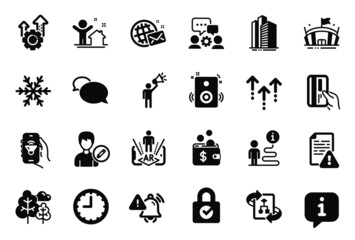 Vector Set of Business icons related to Edit person, Skyscraper buildings and Password encryption icons. World mail, Time and Payment card signs. Music app, Arena and Instruction manual. Vector