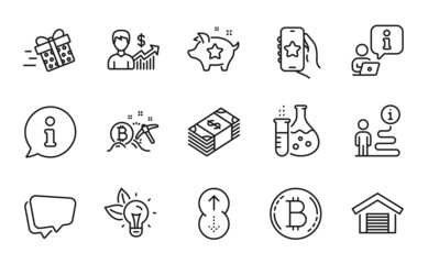 Business icons set. Included icon as Bitcoin mining, Usd currency, Speech bubble signs. Swipe up, Eco energy, Business growth symbols. Bitcoin, Chemistry flask, Favorite app line icons. Vector