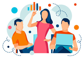 Team people analyzing data on wight background. Creative business people concept, teamwork. Banner with colleagues.Flat illustration of coworkers.