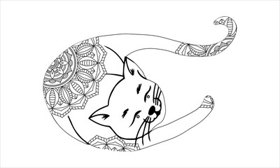 Hand drawn cat. Sketch for anti-stress adult coloring book in zen-tangle style. Vector illustration for coloring page.