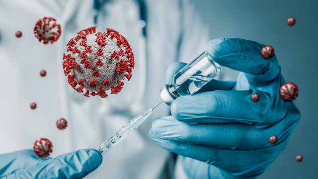 Doctor wear hand in blue gloves holding a syringe with liquid vaccines for children or older adults,Concept fight against virus covid-19 corona virus