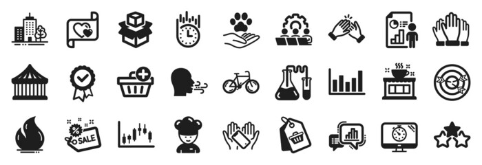 Set of Business icons, such as Coffee shop, Chemistry lab, Candlestick graph icons. Sale tag, Business report, Sale signs. Bicycle, Breathing exercise, Column chart. Smartphone holding. Vector