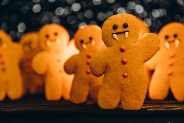 Scary halloween cookies, selective focus decoration on the black background. Halloween style