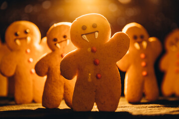 Scary halloween cookies, selective focus decoration on the black background. Halloween style