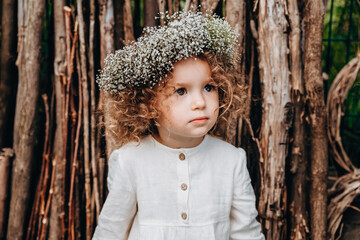 beautiful little 3-year-old girl with curly hair and a wreath on her head poses for a photo in...