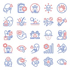 Medical icons set. Included icon as Coronavirus statistics, 24 hours, Dont touch signs. Face biometrics, Coronavirus, Clean hands symbols. Cancel flight, Do not touch, Dirty mask. Mint bag. Vector