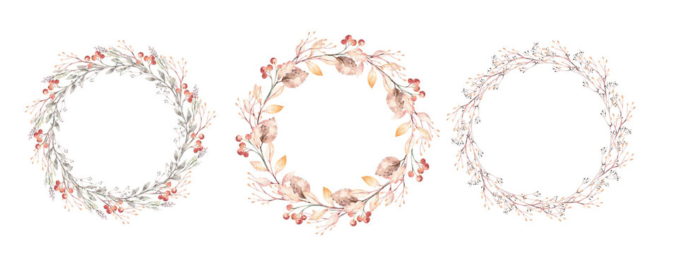 Watercolor autumn wreath illustration.Floral frame with gold branches, leaves and berries. Set of autumn forest plants. Collection of herbarium garden.