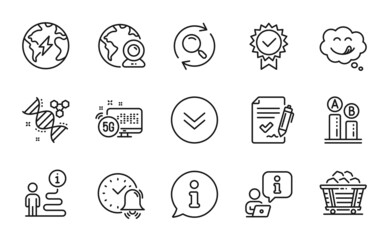Technology icons set. Included icon as Scroll down, Ab testing, Yummy smile signs. Certificate, Video conference, 5g internet symbols. Approved agreement, Search, Electricity. Alarm bell. Vector