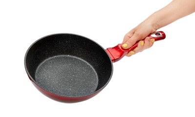 Woman's hand holding frying pan with non-stick coating. Isolated on white.