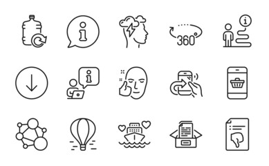 Business icons set. Included icon as Healthy face, Share call, Refill water signs. Smartphone buying, Scroll down, Documents box symbols. Thumb down, Honeymoon cruise, Integrity. Vector