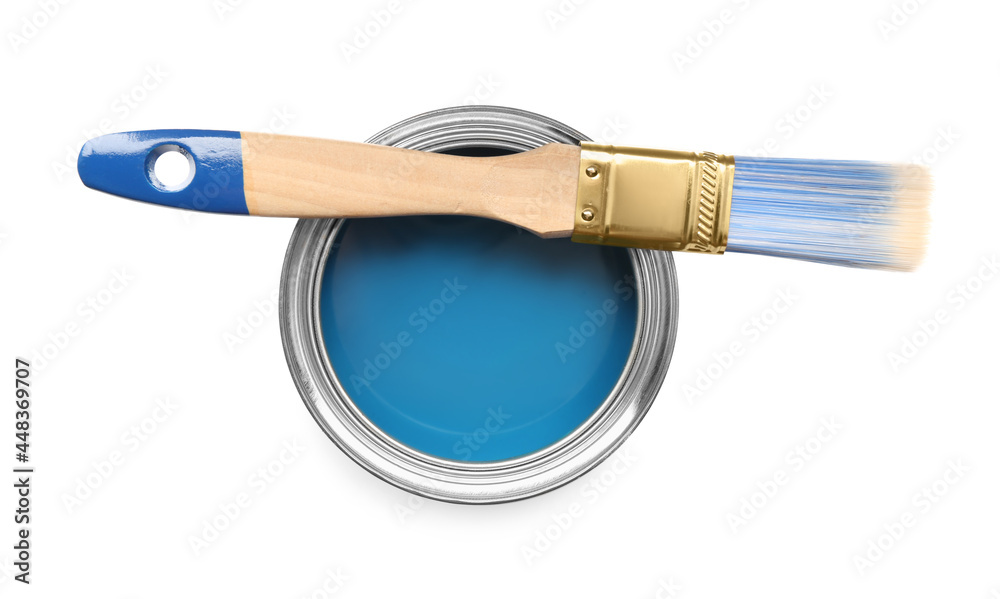 Canvas Prints Can of blue paint and brush on white background, top view