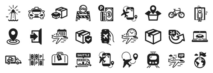 Set of Transportation icons, such as Flight destination, Hand baggage, Shuttle bus icons. Exit, Destination flag, Parking payment signs. Packing boxes, Select flight, Truck transport. Taxi. Vector