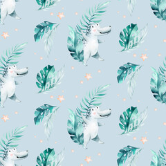 Seamless cartoon crocodiles pattern. Watercolor tropic african illustration with watercolor alligators and Africa palms. Tropical leaves Fabric background