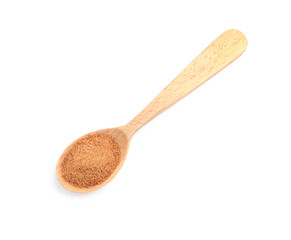 Natural coconut sugar in wooden spoon isolated on white, top view