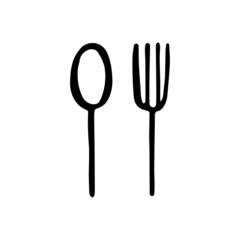 cutlery sketch. fork and spoon black silhouette isolated