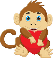 cute monkey cartoon holding heart love 