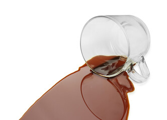 Overturned cup and spilled coffee on white background