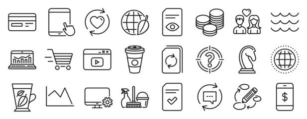 Set of line icons, such as Tips, Delivery shopping, Checked file icons. View document, Web analytics, Takeaway coffee signs. Waves, Line chart, Monitor settings. Household service, Globe. Vector