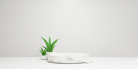 Minimal scene of cylinder marble podium in white background with green plant for product presentation , mock up and display cosmetic or stage pedestal concept by 3d render technique.