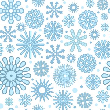 Snowflakes pattern. Background. Seamless picture. Winter Falling. Snowfall on a frosty day. Cartoon flat style. Cool backdrop. Vector