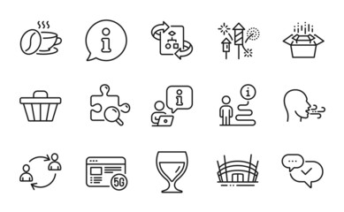 Business icons set. Included icon as 5g internet, Coffee cup, Approved signs. Technical algorithm, Wine glass, Breathing exercise symbols. User communication, Arena stadium, Shop cart. Vector