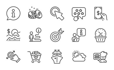 Business icons set. Included icon as Add products, Bitcoin, Chef signs. Sunny weather, Touchscreen gesture, Target symbols. Check investment, Click here, Ranking star. Last minute, Ship. Vector