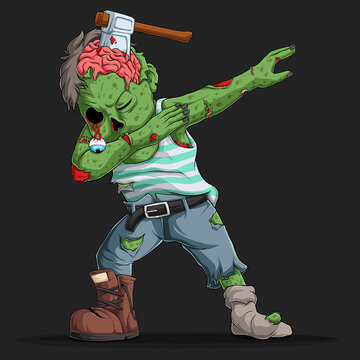 zombie doing dabbing dance with a cleaver in his head, halloween character dab movement