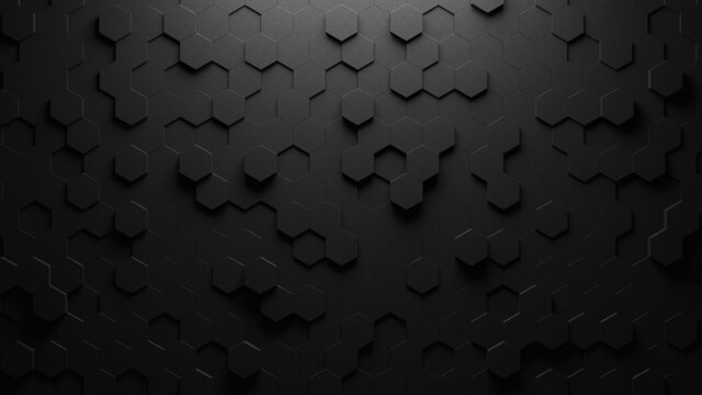 Dark grey hexagon background. Concrete material. 3d render abstract backdrop.