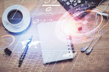 Double exposure of technology drawing and work table top veiw. Concept of hightech.