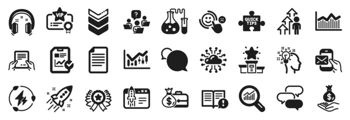 Set of Education icons, such as Idea, Chemistry lab, Receive file icons. Quick tips, Start business, Talk bubble signs. Shoulder strap, Winner ribbon, Winner podium. Financial diagram. Vector