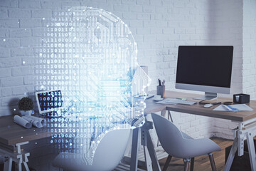 Double exposure of brain drawing and office interior background. Concept of data technology.