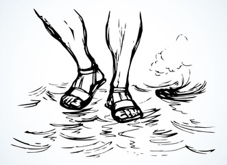 Legs walk on the water. Vector drawing